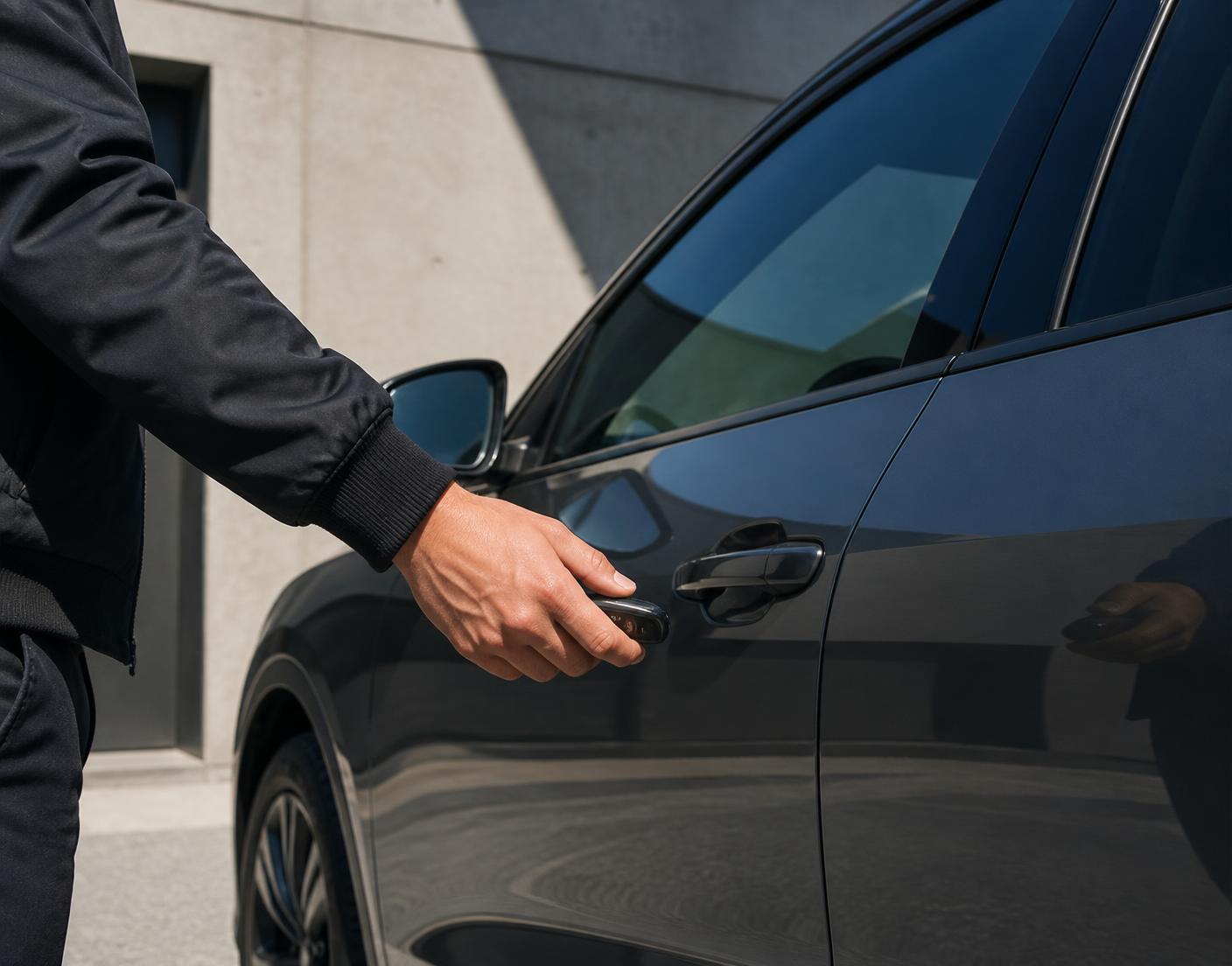 Driver using a key fob beside a parked car